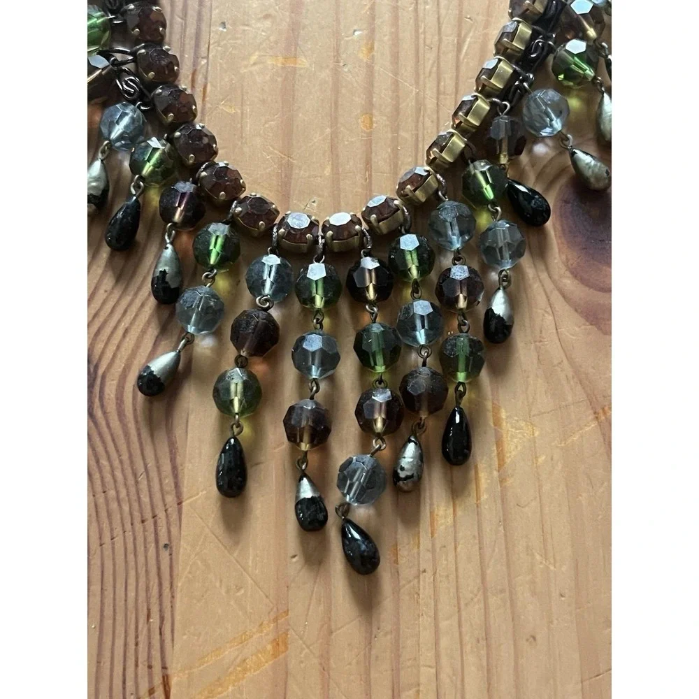 Vintage Beaded Bib Statement Necklace Green Brown Black Adjustable Fringe Boho